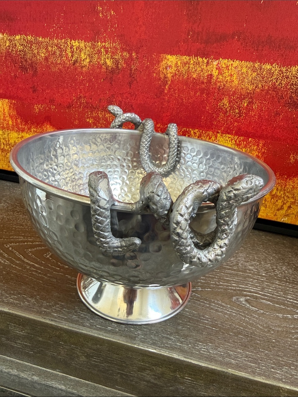 Metal Hammered Aluminum Pedestal Styled Serving Bowl with Two Snake Handles
